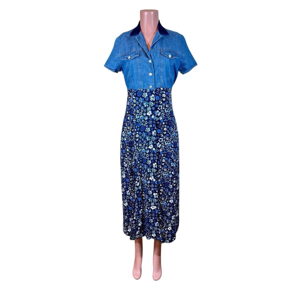 Y2K Denim Top Floral Skirt Midi Dress JRs 7 Corduroy Collar Blue Made In USA 90s